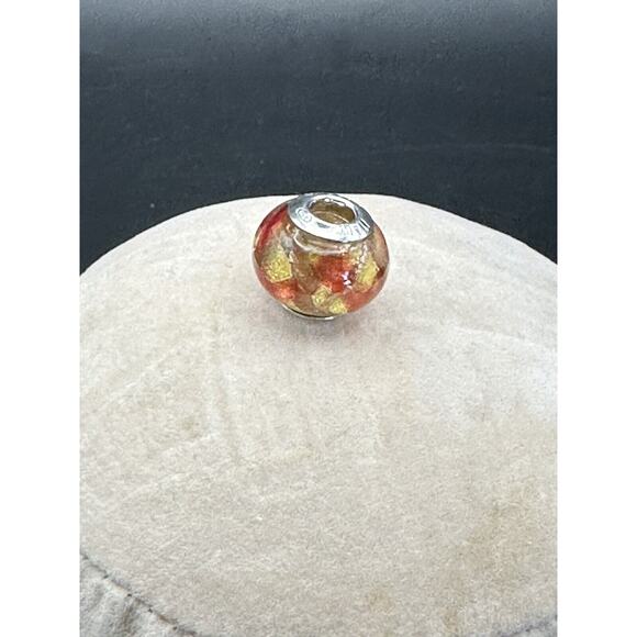 925 Sterling Murano Italy Glass Charm Bead Gold Swirl Orange Red - Picture 3 of 4